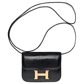 Hermès-Necessaire/bolsa de ombro micro constance em crocodilo preto100980-Preto