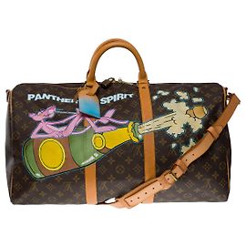 Louis Vuitton Keepall travel bag 50 CUSTOMIZED SHOULDER STRAP "PINK PANTHER SPIRIT"-100928 Brown