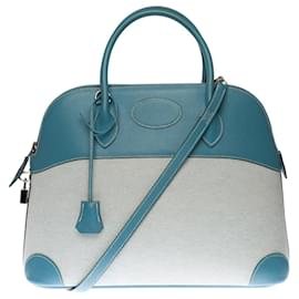 Hermès-HERMES BOLIDE BANDOULIERE LIMITED SERIES HANDBAG IN LEATHER AND BLUE JEAN CANVAS- 1103571254-Blue