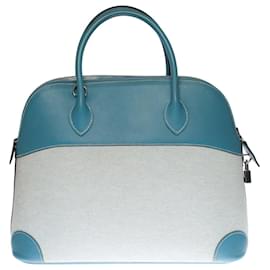 Hermès-HERMES BOLIDE BANDOULIERE LIMITED SERIES HANDBAG IN LEATHER AND BLUE JEAN CANVAS- 1103571254-Blue