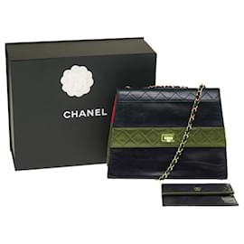 Chanel-NAVY LEATHER TRAPEZOIDAL CROSSBODY BAG/RED-121278018-Red,Navy blue
