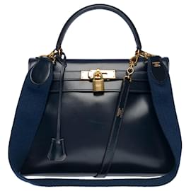 Hermès-Rare Hermes Kelly handbag 28 RETURNED lined SHOULDER STRAP IN NAVY BLUE BOX LEATHER-100448-Navy blue