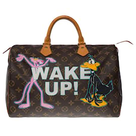 Louis Vuitton-Speedy handbag 35 in brown canvas customized "wake up, don't be nervous"-1323512590-Brown