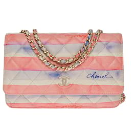 Chanel-BANDOLERA BILLETERA CON CADENA (WOC) EN CUERO MULTICOLOR -101025-Rosa,Blanco,Azul,Multicolor