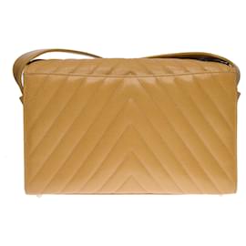 Chanel-CLASSIC FLAP BAG CROSSBODY BAG IN BEIGE HERRINGBONE QUILTED LEATHER -100391-Beige