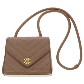RARA CHANEL CLÁSSICA MINI BOLSA COM FLAP BOLSA TRANSVERSAL EM COURO DE CORDEIRO TAUPE CHEVRON ACOLCHOADO -100517 Taupe