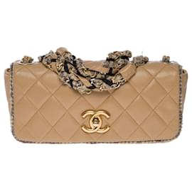 Chanel-beige leather full flap shoulder bag -101080-Beige