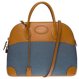 Hermès-RARE HERMES BOLIDE LIMITED SERIES CROSSBODY BAG IN BARENIA LEATHER AND BLUE DENIM -100769-Blue,Beige