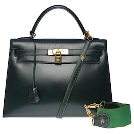 Hermès-Rare Hermes Kelly handbag 32 SELLIER lined SHOULDER STRAP IN GREEN BOX LEATHER-100858-Green
