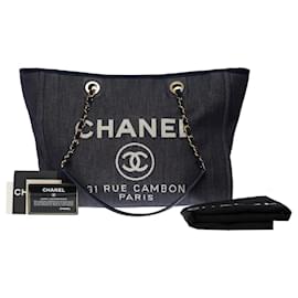 Chanel-SAC CABAS DEAUVILLE EN DENIM BLEU-Bleu