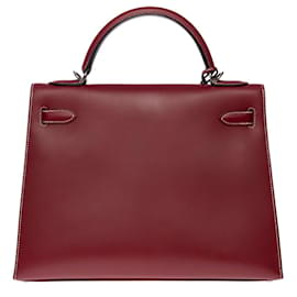 Hermès-KELLY HANDBAG 32 shoulder strap in red chamonix h-101056-Red,Dark red