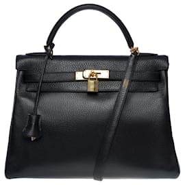 Hermès-KELLY HANDBAG 32 turned over shoulder strap in black leather -101099-Black