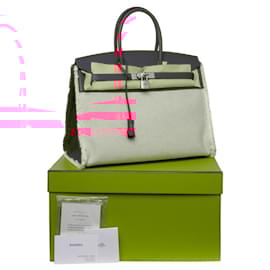 Hermès-Birkin handbag 35 fray fray in beige canvas and raspberry leather -101119-Red,Beige