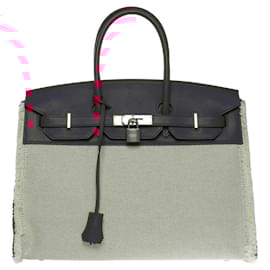 Hermès-Birkin handbag 35 fray fray in beige canvas and raspberry leather -101119-Red,Beige