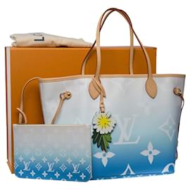 Louis Vuitton-sac cabas neverfull mm by the pool en toile bleu et blanc-101121-Blanc,Bleu