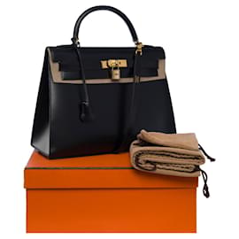 Hermès-KELLY HANDBAG 32 saddler shoulder strap in black box-101117-Black