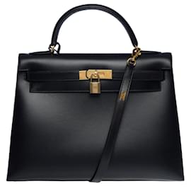 Hermès-KELLY HANDBAG 32 saddler shoulder strap in black box-101117-Black