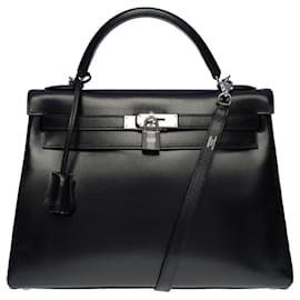 Hermès-Rare Hermes Kelly handbag 32 returned shoulder strap in black box leather, SILVER METAL TRIM -100667-Black