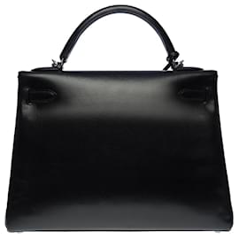 Hermès-Rare Hermes Kelly handbag 32 returned shoulder strap in black box leather, SILVER METAL TRIM -100667-Black