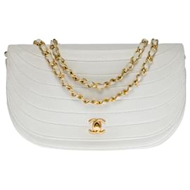 Chanel-CHANEL CLASSIC FLAP BAG HALF-MOON CROSSBODY BAG IN WHITE LAMB LEATHER -100669-White