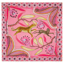 Hermès-Silk scarf HERMES "THE SAVANA DANCE" PINK AND YELLOW IN SILK -100684-Pink,Yellow