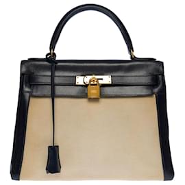 Hermès-Hermès Kelly handbag 28 RETURNE BI-MATERIAL IN NAVY BOX LEATHER AND BEIGE CANVAS-100650-Blue,Beige