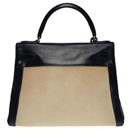 Hermès-Hermès Kelly Handtasche 28 RETURN BI-MATERIAL IN NAVY BOX LEATHER UND BEIGE CANVAS-100650-Blau,Beige