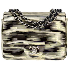 Chanel-RARE CHANEL MINI TIMELESS FLAP BAG SHOULDER BAG IN BLACK & YELLOW STRIPED PATENT LEATHER -100718-Black,Yellow