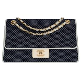 Chanel-Chanel Timeless shoulder bag/Classic 27CM FLAP BAG IN NAVY JERSEY AND WHITE STITCHING-100724-Navy blue