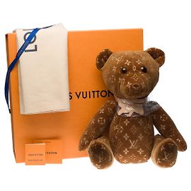 Excepcional ursinho Louis Vuitton "DouDou" em tecido macio com monograma bege e marrom Marrom Bege