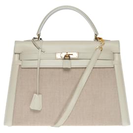 Hermès-RARE HERMES KELLY BAG 32 SELLIER BANDOULIER BI-MATERIAL IN BEIGE CANVAS AND BROKEN WHITE LEATHER100753-White,Beige