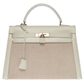 Hermès-RARE HERMES KELLY BAG 32 SELLIER BANDOULIER BI-MATERIAL IN BEIGE CANVAS AND BROKEN WHITE LEATHER100753-White,Beige