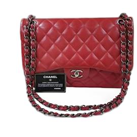 Chanel-CHANEL Timeless Red Large lined Flap Caviar Crossbody Shoulder Bag-Dark red