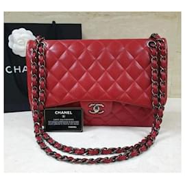 Chanel-CHANEL Borsa a tracolla in caviale con patta grande foderata rossa senza tempo-Bordò