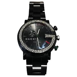 Gucci-gucci 101M G Chrono Black Dial Quartz 44mm Watch For Men Black Ceramic with 2 rows of Diamonds on Bezel-Black