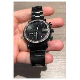Gucci-gucci 101M G Chrono Black Dial Quartz 44mm Watch For Men Black Ceramic with 2 rows of Diamonds on Bezel-Black