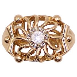 Autre Marque Anello a rosetta con pietra bianca in oro giallo 750%O Bianco Gold hardware