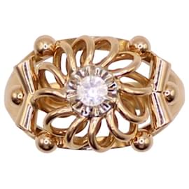 Autre Marque-Bague rosace sertie pierre blanche or jaune 750%o-Blanc,Bijouterie dorée