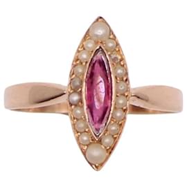 Autre Marque-Marquise ring, Napoleon III period, pearls and pink gold garnet 750%O-White,Red,Gold hardware