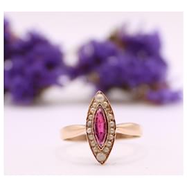 Autre Marque-anello marchesa, Periodo di Napoleone III, perle e granato in oro rosa 750%O-Bianco,Rosso,Gold hardware