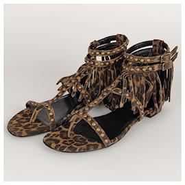 Yves Saint Laurent-Saint Laurent women's sandal in spotted leather with fringes (eu 37.5)-Brown