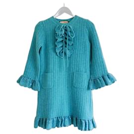 Gucci-Abito con fiocco in paillettes di lana color acqua Gucci-Turchese