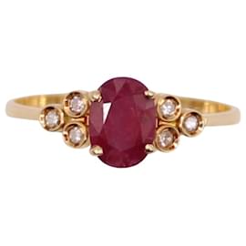 Autre Marque-Shoulder ruby ring 2x3 yellow gold diamonds 750%O-Red,Gold hardware