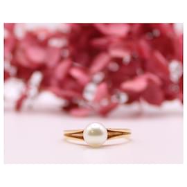 Autre Marque-Yellow gold cultured pearl solitaire ring 750%O-Gold hardware