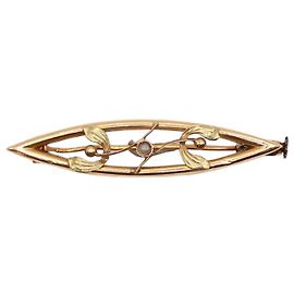 Autre Marque Jugendstilbrosche mit Blattmotiv und feinen Gelbgoldperlen 750%O Gold hardware