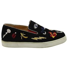 Christian Louboutin-Christian Louboutin Embroidered Slip On Sneakers in Black Suede-Black
