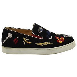 Christian Louboutin Baskets à enfiler brodées en daim noir Autre