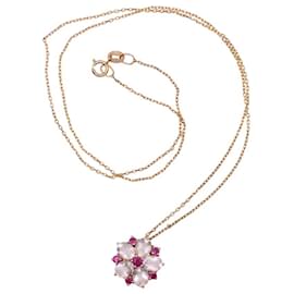 Autre Marque-Flower necklace with quartz and ruby yellow gold 375%O-White,Red,Gold hardware