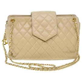 Chanel-CHANEL Chain Shoulder Bag Lamb Skin Beige CC Auth 38451-Beige