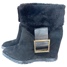 Gianmarco Lorenzi Black Suede and Fur Ankle Boots 36 Black